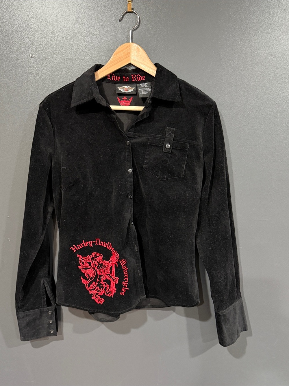Harley-Davidson Black Suede Button-Front Jacket with Red Embroidered Crest